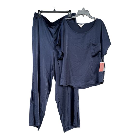 NWT State of Day Women 2 Piece Silky Short Sleeve Top Pants Pajama Set Blue Pink - Picture 2 of 6